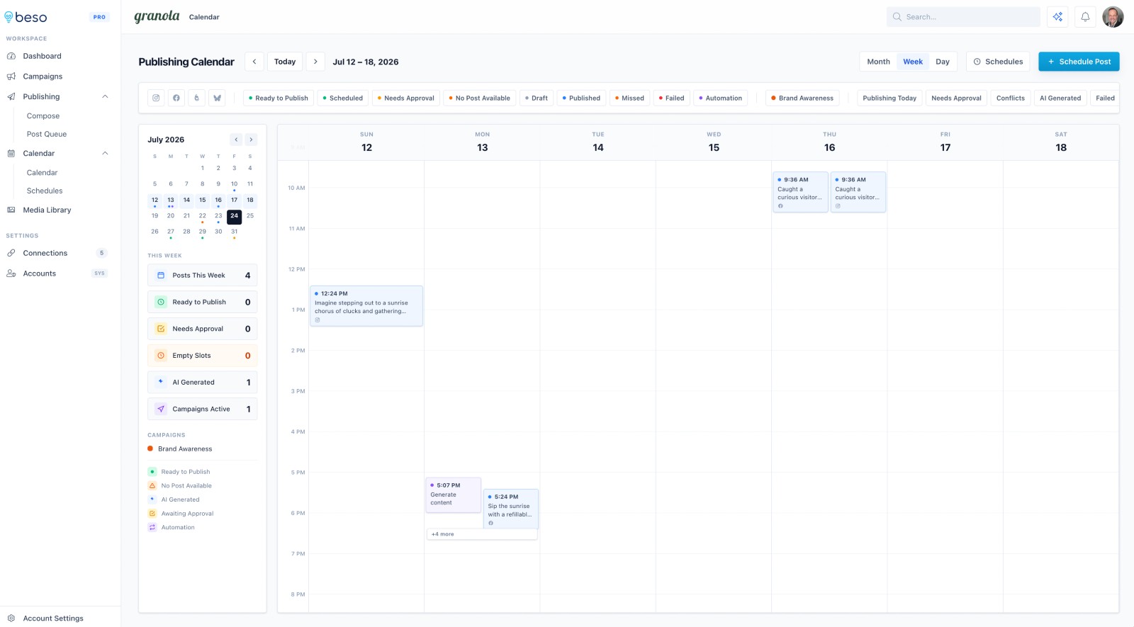 Beso publishing calendar displaying a week of scheduled social posts