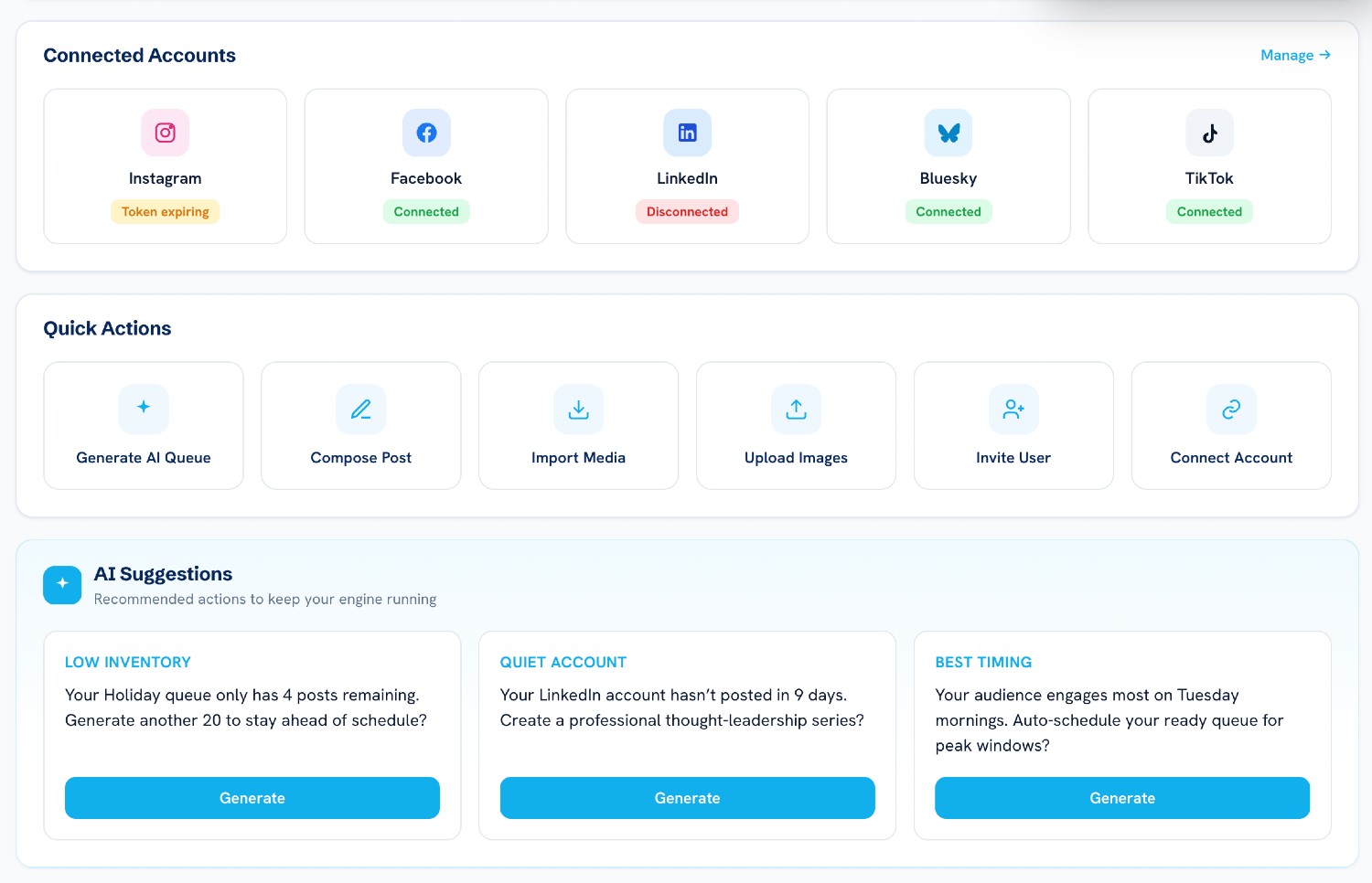 Beso workspace with connected social accounts, quick actions, and AI suggestions