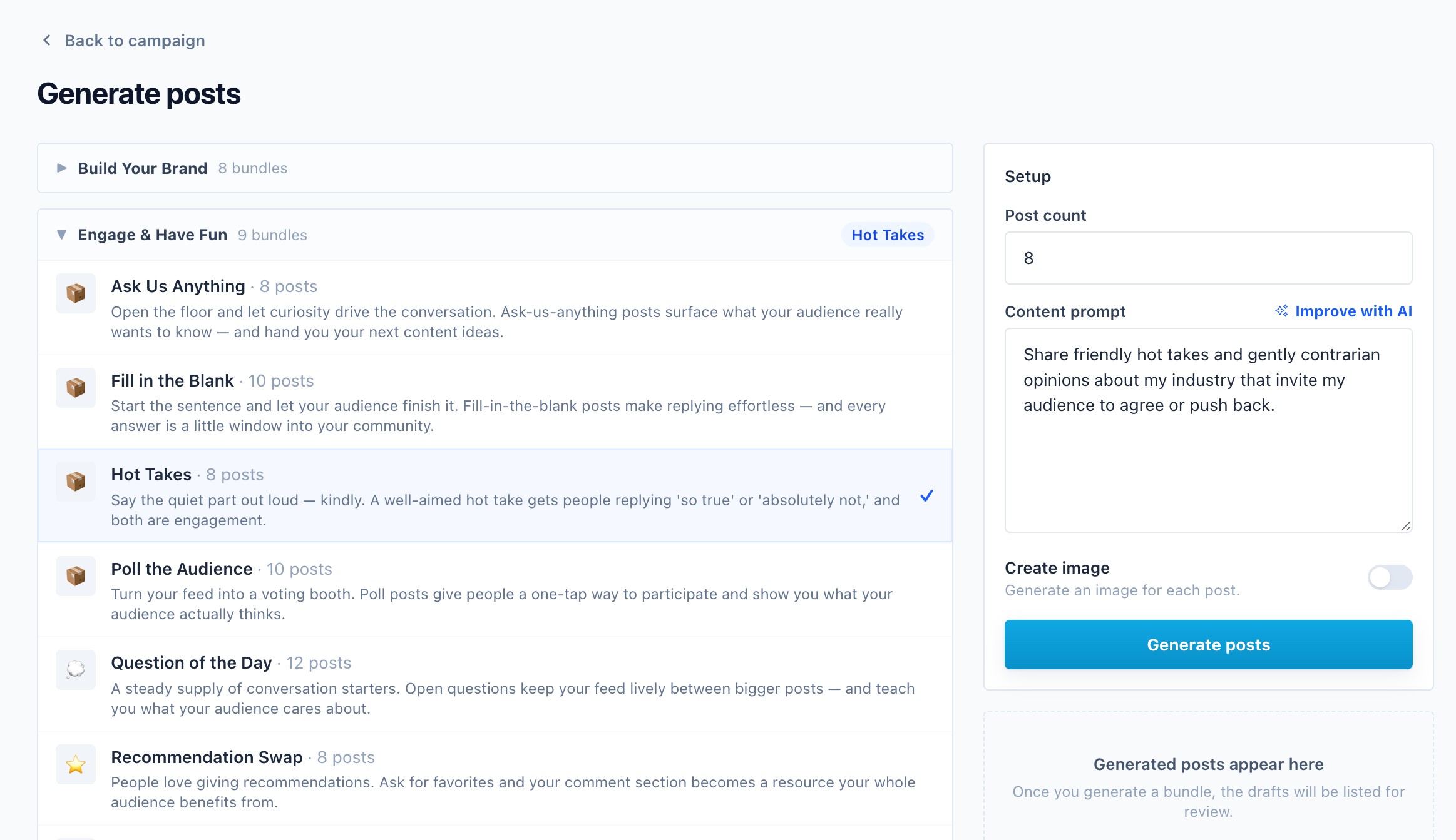Beso Generate Posts workflow with content bundles, an AI-assisted prompt, and post settings