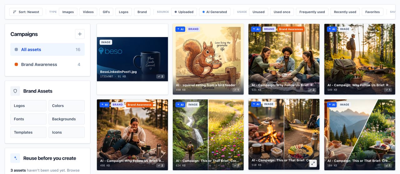 Beso media library with campaign filters, brand assets, source filters, and reusable images