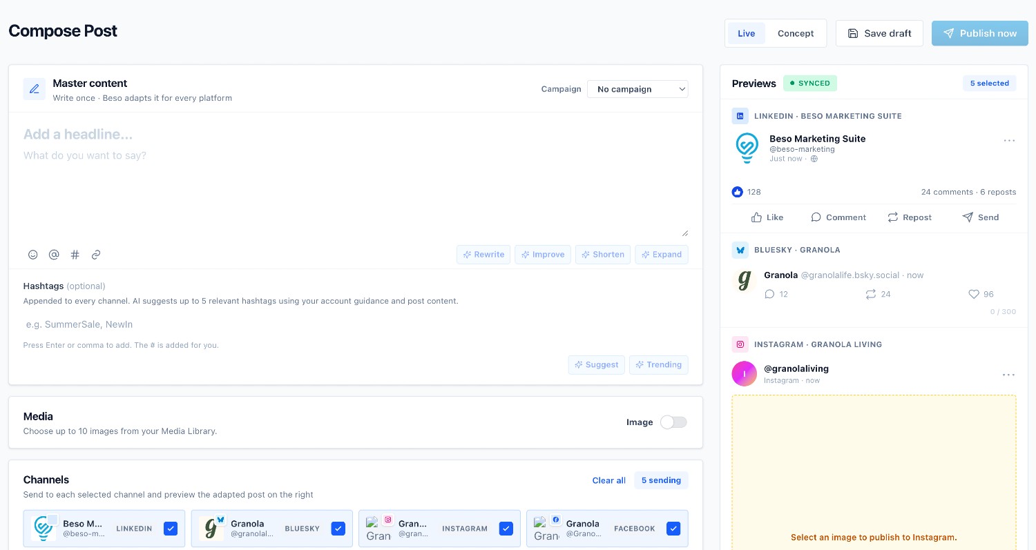 Beso post composer with master content, channel selection, and synchronized social network previews