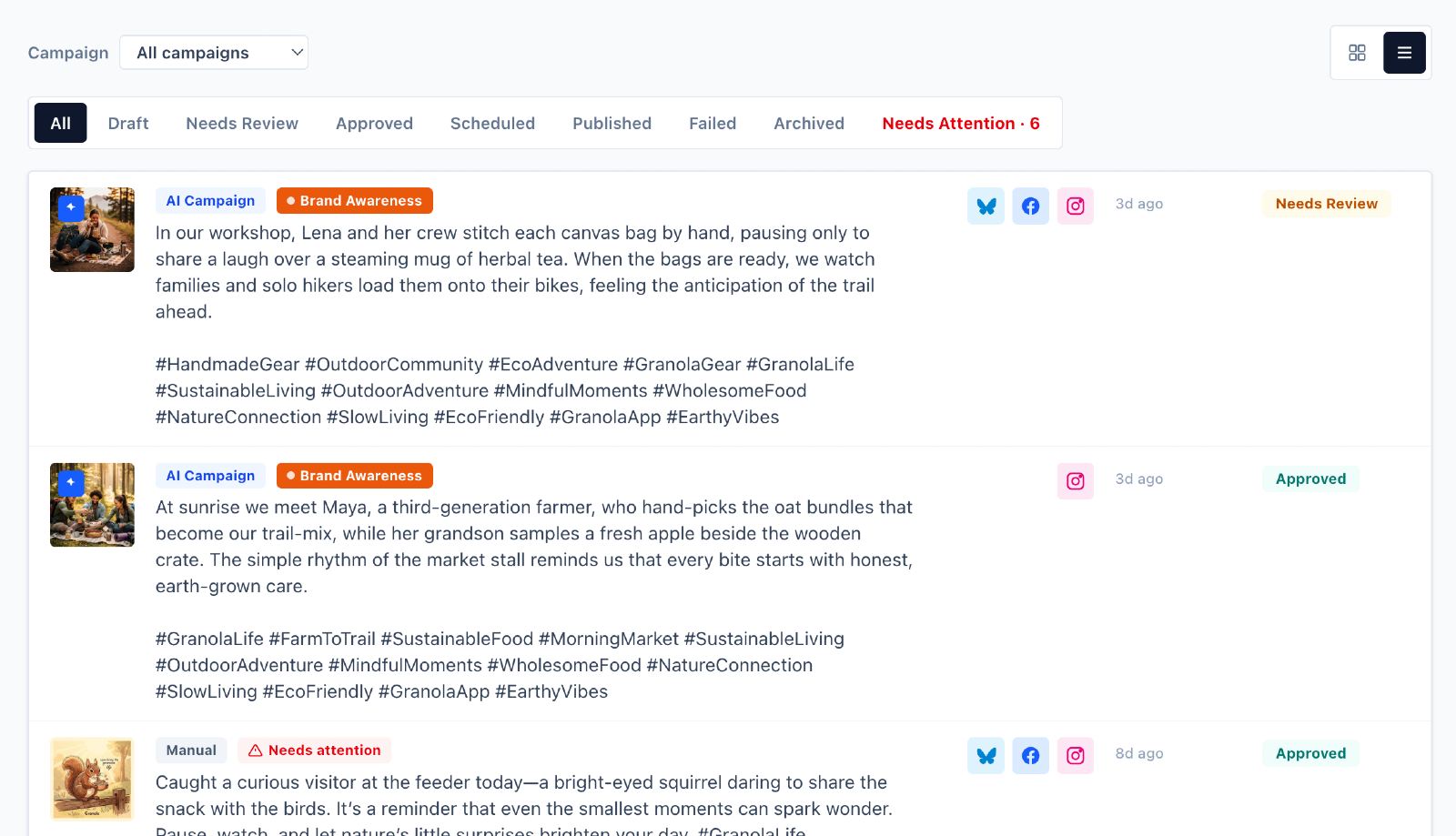 Beso publishing queue with campaign filters, connected social channels, and post review statuses