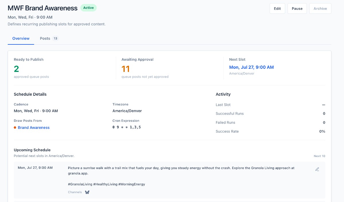 Beso recurring publishing schedule with cadence, approval readiness, next publishing slot, and upcoming posts