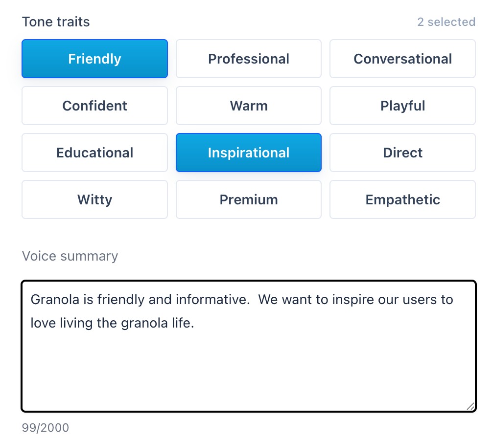 Beso brand voice settings with selected tone traits and a voice summary